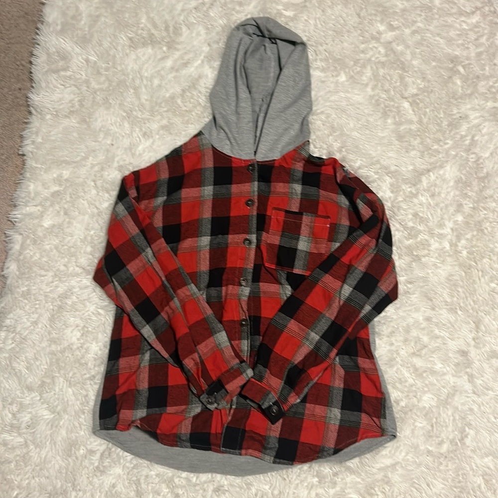 Mens plaid print hooded button up shirt